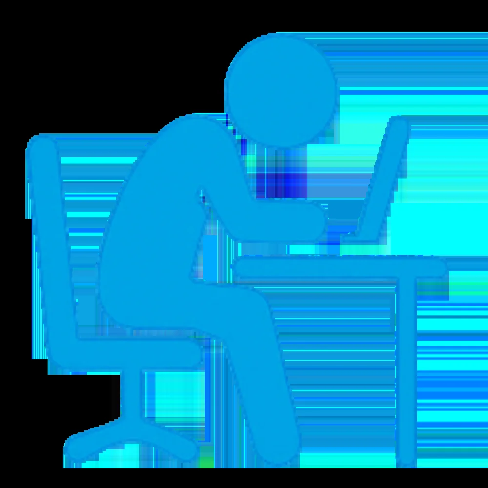 Blue icon of a person sitting at a desk, working on a laptop.