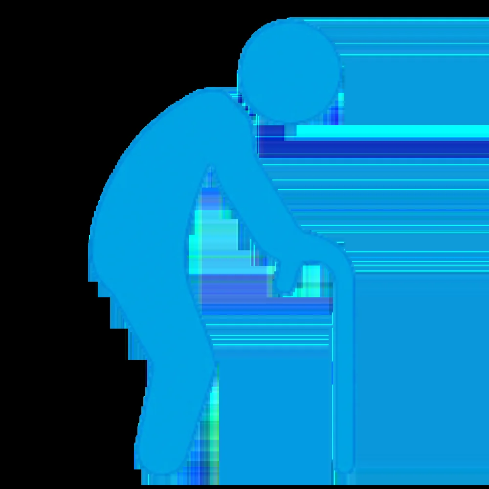 Blue icon of an elderly person bending forward with a cane.