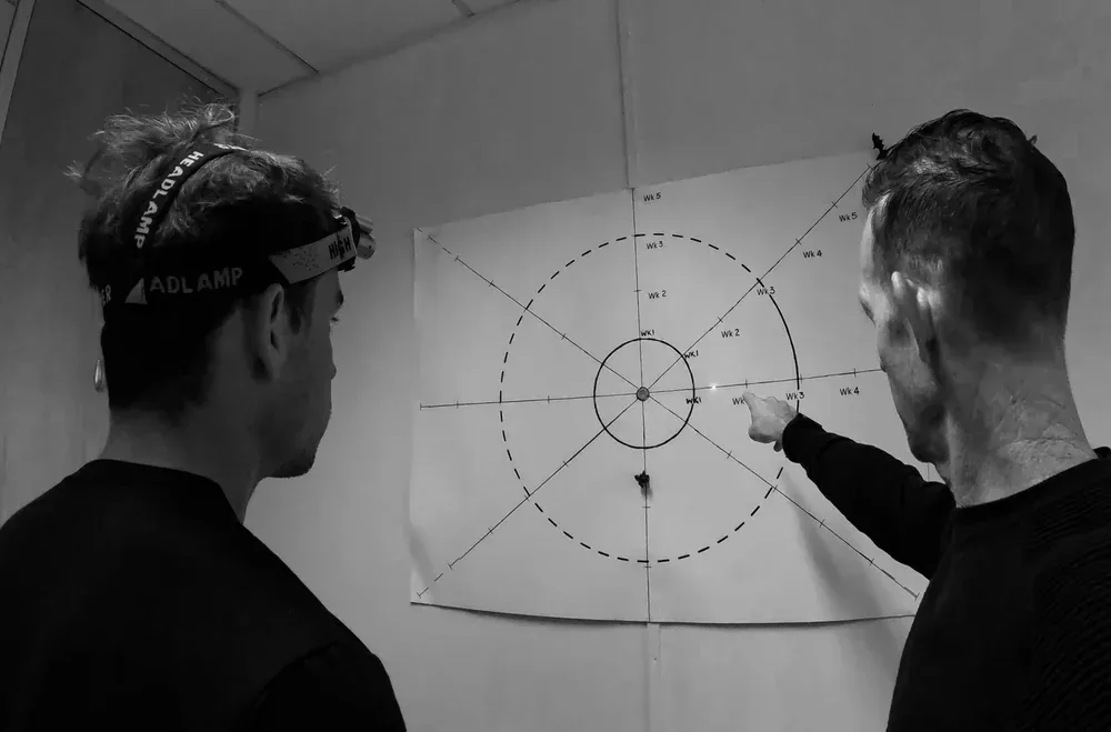Two men observing a large chart on a wall with concentric circles and radial lines marked with weeks, likely a training or progress chart.