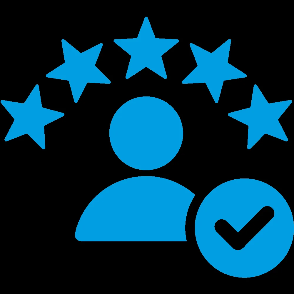 Icon of a person with five stars above their head and a checkmark badge, symbolizing quality or excellence.