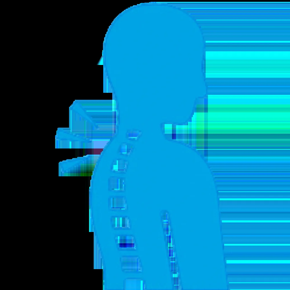 Blue silhouette of a person with back pain highlighted by lines near the neck and upper back.