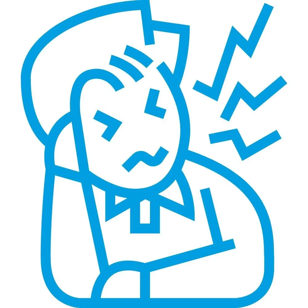 Line drawing of a person holding their head with scribbles and zigzag lines above indicating a headache or stress.