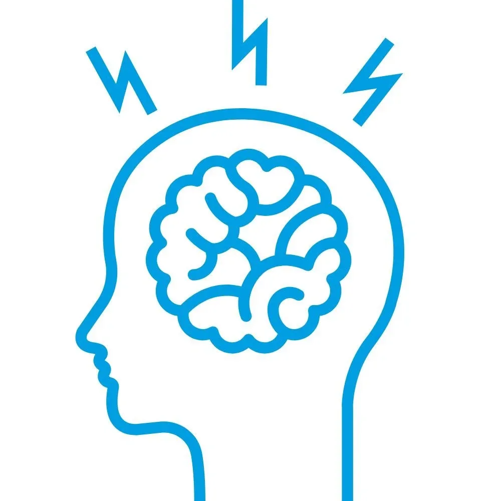Outline of a person's head with a brain inside and lightning bolts above, symbolizing mental alertness or creativity.