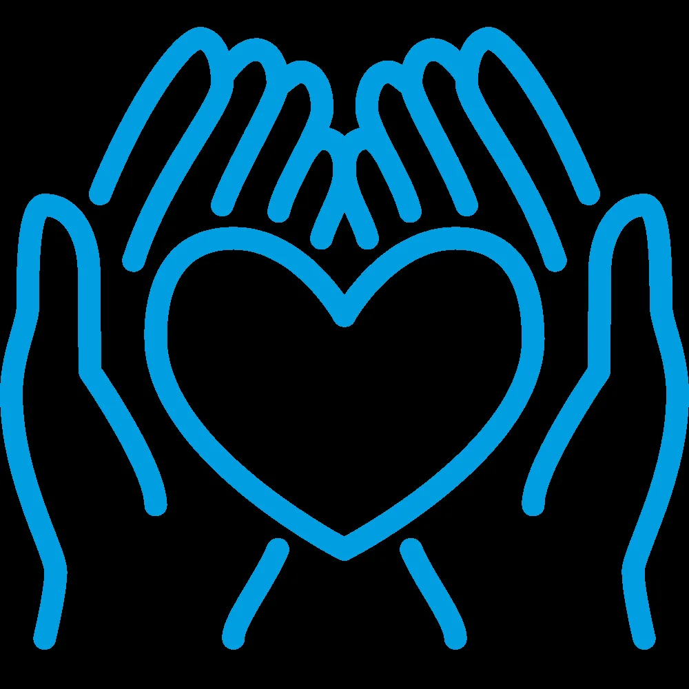 Outline of two hands holding a heart.